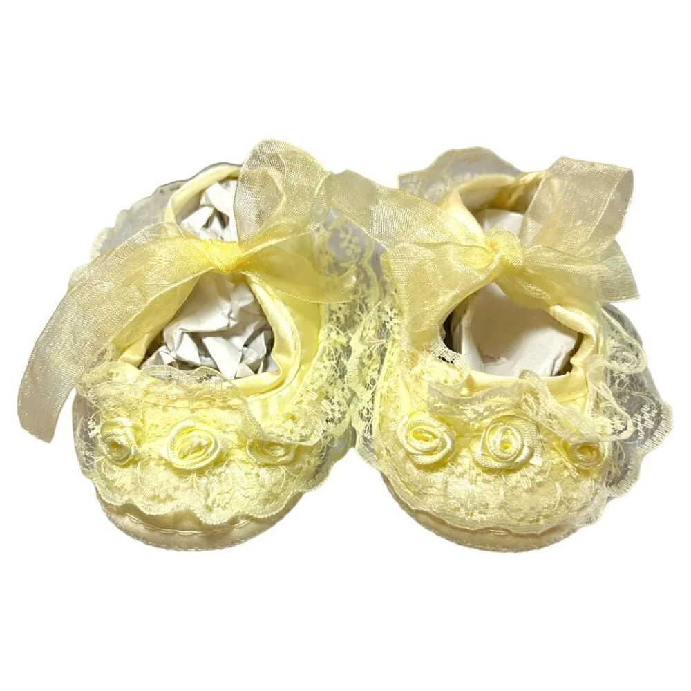 2 Pr Pink & Yellow Lace Satin Soft Baby Crib Christening Baptism Easter Shoes